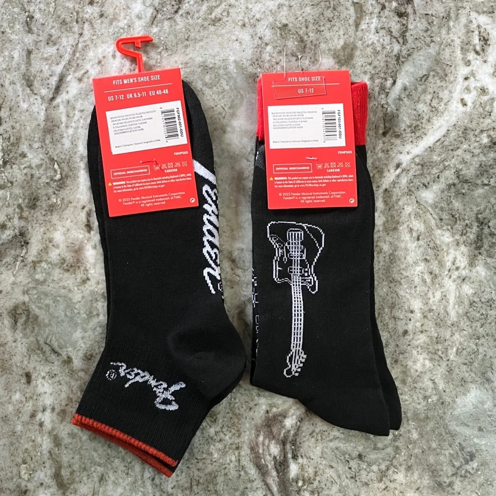 Fender Black and Red Guitar Design Socks 2 pair (1-ankle, 1-crew)